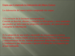 Etapas que Comprende la Elaboración del Marco Teórico   La elaboración del marco teórico comprende dos etapas: 1) La revisión de la literatura correspondiente  Consiste en detectar, obtener y consultar la bibliografía y otros materiales que pueden ser útiles para los propósitos del estudio, así como en extraer y recopilar la información    2) La adopción de una teoría o desarrollo de una perspectiva teórica.  Esta etapa se realiza cuando ya se tiene una buena revisión de la literatura y sistematización de ella, estando plenamente identificado con las teorías y fundamentos que direccionen o apoyen el trabajo de investigación que sé este realizando. 