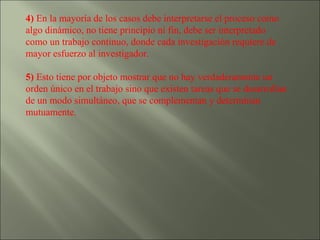4)  En la mayoría de los casos debe interpretarse el proceso como algo dinámico, no tiene principio ni fin, debe ser interpretado como un trabajo continuo, donde cada investigación requiere de mayor esfuerzo al investigador. 5)  Esto tiene por objeto mostrar que no hay verdaderamente un orden único en el trabajo sino que existen tareas que se desarrollan de un modo simultáneo, que se complementan y determinan mutuamente. 