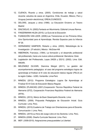Página 89
12. CUENCA, Ricardo y otros. (2005). Condiciones de trabajo y salud
docente: estudios de casos en Argentina, Chile, Ecuador, México, Perú y
Uruguay [versión electrónica], OREALC/UNESCO.
13. DELORS, Jacques y otros (1996). La Educación Encierra un Tesoro
Madrid
14. DÍAZ BOLIO, N. (2002).Fantasía en Movimiento. Editorial Limusa Ramos.
15. FINGERMANN HILDA (2010). La Guía de la Educación
16. FUNDACIÓN VAN LEER. (2006).Las Transiciones en los Primeros Años;
Una Oportunidad para el Aprendizaje. Revista Espacios para la Infancia
Nº 26.
17. HERNÁNDEZ SAMPIERI, Roberto y otros. (2003). Metodología de la
Investigación (3ª edición), México : McGraw-Hill
18. INBERNON, Francisco. (1994). La formación y el desarrollo profesional
del profesorado, hacia una nueva cultura profesional. Barcelona: Graó.
19. Legislación del Profesorado, Leyes 24029 y 25212; (2002). Lima: Edit.
INKARI.
20. MELÉNDEZ OLIVARI, Giannina Margot (2011). La gestión del
acompañamiento pedagógico: el caso del programa estratégico logros de
aprendizaje al finalizar el III ciclo de educación básica regular (PELA) en
la región Callao - UGEL Ventanilla. Lima-Perú
21. MINEDU (2012): Programa Estratégico: Logros De Aprendizaje al
Finalizar El III Ciclo de Educación Básica Regular.
22. MINEDU (PLANCAD) (2001).Cooperación Técnica República Federal de
Alemania (GTZ), Cooperación Financiera República Federal de Alemania
(KFW).
23. MINEDU, (2012), Marco de Buen Desempeño Docente. Lima:
24. MINEDU. (2008). Propuesta Pedagógica de Educación Inicial. Guía
Curricular. Lima. Perú.
25. MINEDU. (2010).Cuaderno de Trabajo con Orientaciones para el Docente.
Comunicación I. Lima. Perú.
26. MINEDU. (2010).La Hora del Juego Libre en los Sectores. Lima. Perú.
27. MINEDU.(2008). Diseño Curricular Nacional. Lima. Perú.
28. MEF ( 2008-2015). Asignaciones presupuestales La Libertad.
 