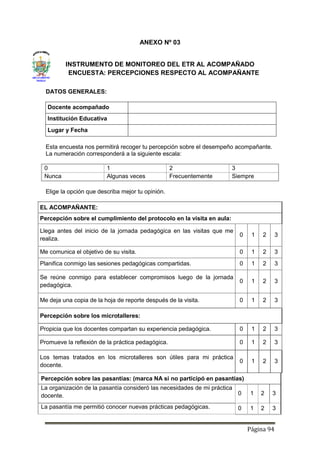 Página 94
ANEXO Nº 03
INSTRUMENTO DE MONITOREO DEL ETR AL ACOMPAÑADO
ENCUESTA: PERCEPCIONES RESPECTO AL ACOMPAÑANTE
DATOS GENERALES:
Docente acompañado
Institución Educativa
Lugar y Fecha
Esta encuesta nos permitirá recoger tu percepción sobre el desempeño acompañante.
La numeración corresponderá a la siguiente escala:
0 1 2 3
Nunca Algunas veces Frecuentemente Siempre
Elige la opción que describa mejor tu opinión.
EL ACOMPAÑANTE:
Percepción sobre el cumplimiento del protocolo en la visita en aula:
Llega antes del inicio de la jornada pedagógica en las visitas que me
realiza.
0 1 2 3
Me comunica el objetivo de su visita. 0 1 2 3
Planifica conmigo las sesiones pedagógicas compartidas. 0 1 2 3
Se reúne conmigo para establecer compromisos luego de la jornada
pedagógica.
0 1 2 3
Me deja una copia de la hoja de reporte después de la visita. 0 1 2 3
Percepción sobre los microtalleres:
Propicia que los docentes compartan su experiencia pedagógica. 0 1 2 3
Promueve la reflexión de la práctica pedagógica. 0 1 2 3
Los temas tratados en los microtalleres son útiles para mi práctica
docente.
0 1 2 3
Percepción sobre las pasantías: (marca NA si no participó en pasantías)
La organización de la pasantía consideró las necesidades de mi práctica
docente. 0 1 2 3
La pasantía me permitió conocer nuevas prácticas pedagógicas. 0 1 2 3
 