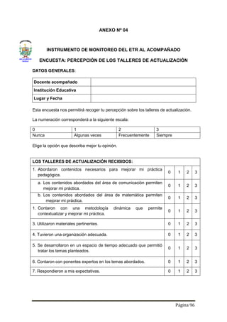 Página 96
ANEXO Nº 04
INSTRUMENTO DE MONITOREO DEL ETR AL ACOMPAÑADO
ENCUESTA: PERCEPCIÓN DE LOS TALLERES DE ACTUALIZACIÓN
DATOS GENERALES:
Docente acompañado
Institución Educativa
Lugar y Fecha
Esta encuesta nos permitirá recoger tu percepción sobre los talleres de actualización.
La numeración corresponderá a la siguiente escala:
0 1 2 3
Nunca Algunas veces Frecuentemente Siempre
Elige la opción que describa mejor tu opinión.
LOS TALLERES DE ACTUALIZACIÓN RECIBIDOS:
1. Abordaron contenidos necesarios para mejorar mi práctica
pedagógica.
0 1 2 3
a. Los contenidos abordados del área de comunicación permiten
mejorar mi práctica.
0 1 2 3
b. Los contenidos abordados del área de matemática permiten
mejorar mi práctica.
0 1 2 3
1. Contaron con una metodología dinámica que permite
contextualizar y mejorar mi práctica.
0 1 2 3
3. Utilizaron materiales pertinentes. 0 1 2 3
4. Tuvieron una organización adecuada. 0 1 2 3
5. Se desarrollaron en un espacio de tiempo adecuado que permitió
tratar los temas planteados.
0 1 2 3
6. Contaron con ponentes expertos en los temas abordados. 0 1 2 3
7. Respondieron a mis expectativas. 0 1 2 3
 
