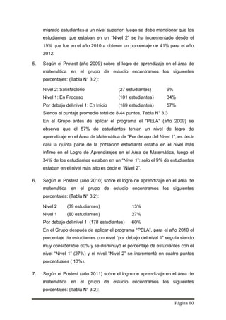 Página 80
migrado estudiantes a un nivel superior; luego se debe mencionar que los
estudiantes que estaban en un “Nivel 2” se ha incrementado desde el
15% que fue en el año 2010 a obtener un porcentaje de 41% para el año
2012.
5. Según el Pretest (año 2009) sobre el logro de aprendizaje en el área de
matemática en el grupo de estudio encontramos los siguientes
porcentajes: (Tabla N° 3.2):
Nivel 2: Satisfactorio (27 estudiantes) 9%
Nivel 1: En Proceso (101 estudiantes) 34%
Por debajo del nivel 1: En Inicio (169 estudiantes) 57%
Siendo el puntaje promedio total de 8,44 puntos, Tabla N° 3.3
En el Grupo antes de aplicar el programa el “PELA” (año 2009) se
observa que el 57% de estudiantes tenían un nivel de logro de
aprendizaje en el Área de Matemática de “Por debajo del Nivel 1”, es decir
casi la quinta parte de la población estudiantil estaba en el nivel más
ínfimo en el Logro de Aprendizajes en el Área de Matemática, luego el
34% de los estudiantes estaban en un “Nivel 1”; solo el 9% de estudiantes
estaban en el nivel más alto es decir el “Nivel 2”.
6. Según el Postest (año 2010) sobre el logro de aprendizaje en el área de
matemática en el grupo de estudio encontramos los siguientes
porcentajes: (Tabla N° 3.2):
Nivel 2 (39 estudiantes) 13%
Nivel 1 (80 estudiantes) 27%
Por debajo del nivel 1 (178 estudiantes) 60%
En el Grupo después de aplicar el programa “PELA”, para el año 2010 el
porcentaje de estudiantes con nivel “por debajo del nivel 1” seguía siendo
muy considerable 60% y se disminuyó el porcentaje de estudiantes con el
nivel “Nivel 1” (27%) y el nivel “Nivel 2” se incrementó en cuatro puntos
porcentuales ( 13%).
7. Según el Postest (año 2011) sobre el logro de aprendizaje en el área de
matemática en el grupo de estudio encontramos los siguientes
porcentajes: (Tabla N° 3.2):
 