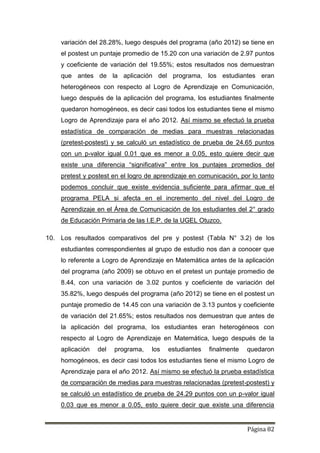 Página 82
variación del 28.28%, luego después del programa (año 2012) se tiene en
el postest un puntaje promedio de 15.20 con una variación de 2.97 puntos
y coeficiente de variación del 19.55%; estos resultados nos demuestran
que antes de la aplicación del programa, los estudiantes eran
heterogéneos con respecto al Logro de Aprendizaje en Comunicación,
luego después de la aplicación del programa, los estudiantes finalmente
quedaron homogéneos, es decir casi todos los estudiantes tiene el mismo
Logro de Aprendizaje para el año 2012. Así mismo se efectuó la prueba
estadística de comparación de medias para muestras relacionadas
(pretest-postest) y se calculó un estadístico de prueba de 24.65 puntos
con un p-valor igual 0.01 que es menor a 0.05, esto quiere decir que
existe una diferencia “significativa” entre los puntajes promedios del
pretest y postest en el logro de aprendizaje en comunicación, por lo tanto
podemos concluir que existe evidencia suficiente para afirmar que el
programa PELA si afecta en el incremento del nivel del Logro de
Aprendizaje en el Área de Comunicación de los estudiantes del 2° grado
de Educación Primaria de las I.E.P. de la UGEL Otuzco.
10. Los resultados comparativos del pre y postest (Tabla N° 3.2) de los
estudiantes correspondientes al grupo de estudio nos dan a conocer que
lo referente a Logro de Aprendizaje en Matemática antes de la aplicación
del programa (año 2009) se obtuvo en el pretest un puntaje promedio de
8.44, con una variación de 3.02 puntos y coeficiente de variación del
35.82%, luego después del programa (año 2012) se tiene en el postest un
puntaje promedio de 14.45 con una variación de 3.13 puntos y coeficiente
de variación del 21.65%; estos resultados nos demuestran que antes de
la aplicación del programa, los estudiantes eran heterogéneos con
respecto al Logro de Aprendizaje en Matemática, luego después de la
aplicación del programa, los estudiantes finalmente quedaron
homogéneos, es decir casi todos los estudiantes tiene el mismo Logro de
Aprendizaje para el año 2012. Así mismo se efectuó la prueba estadística
de comparación de medias para muestras relacionadas (pretest-postest) y
se calculó un estadístico de prueba de 24.29 puntos con un p-valor igual
0.03 que es menor a 0.05, esto quiere decir que existe una diferencia
 