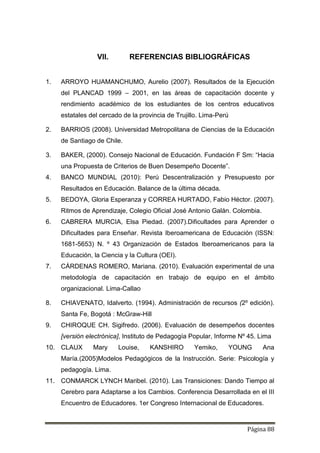 Página 88
VII. REFERENCIAS BIBLIOGRÁFICAS
1. ARROYO HUAMANCHUMO, Aurelio (2007). Resultados de la Ejecución
del PLANCAD 1999 – 2001, en las áreas de capacitación docente y
rendimiento académico de los estudiantes de los centros educativos
estatales del cercado de la provincia de Trujillo. Lima-Perú
2. BARRIOS (2008). Universidad Metropolitana de Ciencias de la Educación
de Santiago de Chile.
3. BAKER, (2000). Consejo Nacional de Educación. Fundación F Sm: “Hacia
una Propuesta de Criterios de Buen Desempeño Docente”.
4. BANCO MUNDIAL (2010): Perú Descentralización y Presupuesto por
Resultados en Educación. Balance de la última década.
5. BEDOYA, Gloria Esperanza y CORREA HURTADO, Fabio Héctor. (2007).
Ritmos de Aprendizaje, Colegio Oficial José Antonio Galán. Colombia.
6. CABRERA MURCIA, Elsa Piedad. (2007).Dificultades para Aprender o
Dificultades para Enseñar. Revista Iberoamericana de Educación (ISSN:
1681-5653) N. º 43 Organización de Estados Iberoamericanos para la
Educación, la Ciencia y la Cultura (OEI).
7. CÁRDENAS ROMERO, Mariana. (2010). Evaluación experimental de una
metodología de capacitación en trabajo de equipo en el ámbito
organizacional. Lima-Callao
8. CHIAVENATO, Idalverto. (1994). Administración de recursos (2º edición).
Santa Fe, Bogotá : McGraw-Hill
9. CHIROQUE CH. Sigifredo. (2006). Evaluación de desempeños docentes
[versión electrónica], Instituto de Pedagogía Popular, Informe Nº 45. Lima
10. CLAUX Mary Louise, KANSHIRO Yemiko, YOUNG Ana
María.(2005)Modelos Pedagógicos de la Instrucción. Serie: Psicología y
pedagogía. Lima.
11. CONMARCK LYNCH Maribel. (2010). Las Transiciones: Dando Tiempo al
Cerebro para Adaptarse a los Cambios. Conferencia Desarrollada en el III
Encuentro de Educadores. 1er Congreso Internacional de Educadores.
 