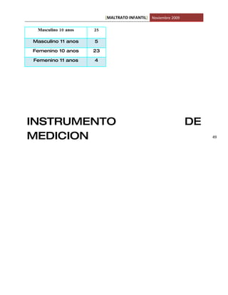 [MALTRATO INFANTIL] Noviembre 2009

 Masculino 10 anos   25

Masculino 11 anos    5

Femenino 10 anos     23

Femenino 11 anos     4




INSTRUMENTO                                                    DE
MEDICION                                                            49
 