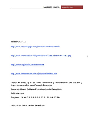 [MALTRATO INFANTIL] Noviembre 2009




BIBLIOGRAFIAS.

http://www.psicopedagogia.com/prevencion-maltrato-infantil



http://www.revistaciencias.com/publicaciones/EEElyAVkFkGZwTxIKv.php        57




http://avaim.org/web/m_familiar2.html#h



http://www.fmmeducacion.com.ar/Recursos/maltrato.htm



Libro: El sexo que se calla dinámica y tratamiento del abuso y
traumas sexuales en niños adolecentes

Autores: Diana Sullivan Everstine Louis Everstine.

Editorial: pax

Paginas: 13,16,17,1,2,3,5,6,8,20,21,22,24,25,26



Libro: Los niños de las Américas
 