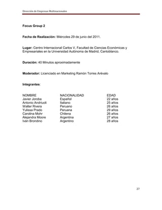 Dirección de Empresas Multinacionales




Focus Group 2


Fecha de Realización: Miércoles 29 de junio del 2011.


Lugar: Centro Internacional Carlos V, Facultad de Ciencias Económicas y
Empresariales en la Universidad Autónoma de Madrid, Cantoblanco.


Duración: 40 Minutos aproximadamente


Moderador: Licenciado en Marketing Ramón Torres Arévalo


Integrantes:


NOMBRE                         NACIONALIDAD              EDAD
Javier Joroba                  Español                   22 años
Antonio Andriuoli              Italiano                  25 años
Walter Rivera                  Peruano                   26 años
Yulissa Prado                  Peruana                   29 años
Carolina Mohr                  Chilena                   26 años
Alejandra Moore                Argentina                 27 años
Iván Brondino                  Argentino                 28 años




                                                                          27
 
