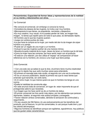 Dirección de Empresas Multinacionales




Pensamientos.-Capacidad de formar ideas y representaciones de la realidad
en su mente y relacionarlos con otros.

1er Comercial

+No conocía el comercial, sin embargo si conocía la marca.
+Considera los deseos de las mujeres, te invita a ser muy hombre.
+Menosprecia lo que tienes, es prepotente, narcisista y despectivo.
+Es muy creativo, muy visual, no lo puedes perder de vista, es imagen tras
imagen, lo tienes que repetir para ver todo lo que pasa, es demasiado rápido.
+El hombre usa lo que las mujeres quieren.
+Juega con ambos puntos de vista.
+La que hace la compra es la mujer, por medio del olor le da imagen de súper
hombre a su pareja.
+Puede ser un regalo de una mujer a un hombre.
+Incluye lo que las mujeres sueñan de una manera irónica.
+Muestra la parte material de la mujer, deseo de tener un hombre que te dé todo.
+Como la mujer hace las compras, las hace sentir mejor con el producto.
+Si está en una relación, por eso utiliza el “espejo” de comparación al hacer
referencia con tu hombre y él, evoca a una mujer que tiene pareja.


2ndo Comercial.

+ Con una sola vez ya sabes lo que te dice, el primero tiene mucha creatividad
pero por lo rápido hay que verlo muchas veces para entenderlo.
+El primero el mensaje esta más oculto, el segundo con una vez lo entiendes.
+Sí es un anuncio publicitario, desde la primera vez que lo veas tienes que
entender qué transmite, sin verlo tanto.
+A mí como mujer, lo que menos quiero es que mi hombre me tenga en una
cocina.
+Exalta la habilidad de construirte algo.
+En este anuncio trata de convencer, en lugar de estar imponerte de que el
protagonista sabe lo que necesitas.
+La imagen que me hace sentir es de un hombre de status.
+El primer comercial me hizo sentir más status, por los elementos que parecen,
diamantes, boletos, el segundo más actitud arrojada y arriesgada.
+Tienen relación ambos comerciales, dándote la sensación de continuidad y
seguimiento.
+Yo soy usuario de Old Spice y lo uso exclusivamente por los beneficios del
producto, por la frescura, no por los comerciales, lo uso porque huele bien y por
los colores del empaque.
+Algunos hombres se identifican porque son ególatras, egocéntricos, hay públicos
que les gustan estas características.
                                                                               33
 