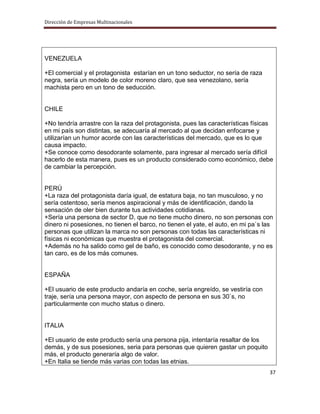 Dirección de Empresas Multinacionales




VENEZUELA

+El comercial y el protagonista estarían en un tono seductor, no sería de raza
negra, sería un modelo de color moreno claro, que sea venezolano, sería
machista pero en un tono de seducción.


CHILE

+No tendría arrastre con la raza del protagonista, pues las características físicas
en mi país son distintas, se adecuaría al mercado al que decidan enfocarse y
utilizarían un humor acorde con las características del mercado, que es lo que
causa impacto.
+Se conoce como desodorante solamente, para ingresar al mercado sería difícil
hacerlo de esta manera, pues es un producto considerado como económico, debe
de cambiar la percepción.


PERÚ
+La raza del protagonista daría igual, de estatura baja, no tan musculoso, y no
sería ostentoso, sería menos aspiracional y más de identificación, dando la
sensación de oler bien durante tus actividades cotidianas.
+Sería una persona de sector D, que no tiene mucho dinero, no son personas con
dinero ni posesiones, no tienen el barco, no tienen el yate, el auto, en mi pa`s las
personas que utilizan la marca no son personas con todas las características ni
físicas ni económicas que muestra el protagonista del comercial.
+Además no ha salido como gel de baño, es conocido como desodorante, y no es
tan caro, es de los más comunes.


ESPAÑA

+El usuario de este producto andaría en coche, sería engreído, se vestiría con
traje, sería una persona mayor, con aspecto de persona en sus 30`s, no
particularmente con mucho status o dinero.


ITALIA

+El usuario de este producto sería una persona pija, intentaría resaltar de los
demás, y de sus posesiones, seria para personas que quieren gastar un poquito
más, el producto generaría algo de valor.
+En Italia se tiende más varias con todas las etnias.
                                                                                  37
 