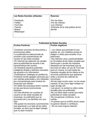 Dirección de Empresas Multinacionales




Las Redes Sociales utilizadas:              Razones:

-Facebook-                                  -Por las fotos-
-Twitter-                                   -Por las noticias-
-YouTube-                                   -Los chismes-
-Twenty-                                    -Enterarte de la vida pública de los
-Skype-                                     demás-
-Messenger-




                                 Publicidad de Redes Sociales
Puntos Positivos                             Puntos negativos

-Contienen anuncios de descuentos y         - Los videos que preceden lo que
promociones útiles-                         quieres ver, son molestos porque te
-La publicidad es seleccionada de           obligan a verlos para acceder a tus
acuerdo a las características del           peticiones-
usuario en las redes sociales-              -Hay distintos usos y particularidades
-En internet hay selección de canales       en el empleo de las redes sociales que
para la publicidad de acuerdo a las         disminuyen o anulan los impactos
características del usuario-                deseados por las empresas que se
-En facebook aparece publicidad             anuncian en ellos, (el uso de YouTube
inteligente dirigida a distintos mercados   para oír música, lo cual impide los
de acuerdo a su información-                impactos visuales de los videos en los
-Publicidad en catálogos en perfiles de     anuncios publicitarios que aparecen
Facebook donde agregan personas que         antes y durante las cadenas de
son clientes potenciales y son utilizadas   canciones)-
por microempresas para mostrar los          -No les hago mucho caso, no me causa
productos que ofertan-                      impacto, lo veo como algo molesto en
-En twitter las empresas tienen cuentas     lugar de algo útil-
en las que lanzan promociones               -Las ignoro, la verdad no utilizo redes
dirigidas-                                  sociales para ver publicidad-
-Es más eficiente con cuentas de            -No me había dado cuenta que había
usuario en las redes sociales de            publicidad en redes sociales-
empresas, es publicidad que se              -No me generan confianza, no es
encuentra ahí y se identifica con una       creíble-
foto-                                       -Yo pienso que en el 90% de los casos
-Me gustan los anuncios o promociones       no genera relación o confianza-
que aparezcan a un lado de las redes        - No me crea ninguna relación-
sociales, es decir que te dejen trabajar,
que no sean invasiva-

                                                                                   43
 