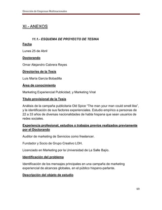 Dirección de Empresas Multinacionales




XI.- ANEXOS

        11.1.- ESQUEMA DE PROYECTO DE TESINA
Fecha

Lunes 25 de Abril

Doctorando

Omar Alejandro Cabrera Reyes

Director/es de la Tesis

Luis María García Bobadilla

Área de conocimiento

Marketing Experiencial Publicidad, y Marketing Viral

Título provisional de la Tesis

Análisis de la campaña publicitaria Old Spice “The man your man could smell like”,
y la identificación de sus factores experienciales. Estudio empírico a personas de
22 a 33 años de diversas nacionalidades de habla hispana que sean usuarios de
redes sociales.

Experiencia profesional, estudios o trabajos previos realizados previamente
por el Doctorando

Auditor de marketing de Servicios como freelancer.

Fundador y Socio de Grupo Creativo LOH.

Licenciado en Marketing por la Universidad de La Salle Bajío.

Identificación del problema

Identificación de los mensajes principales en una campaña de marketing
experiencial de alcances globales, en el público hispano-parlante.

Descripción del objeto de estudio



                                                                                69
 