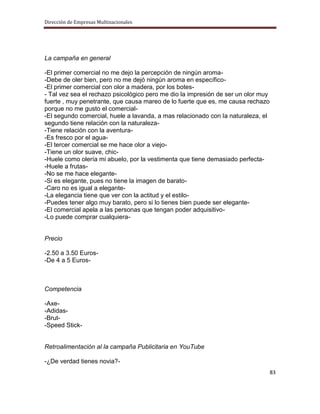 Dirección de Empresas Multinacionales




La campaña en general

-El primer comercial no me dejo la percepción de ningún aroma-
-Debe de oler bien, pero no me dejó ningún aroma en específico-
-El primer comercial con olor a madera, por los botes-
- Tal vez sea el rechazo psicológico pero me dio la impresión de ser un olor muy
fuerte , muy penetrante, que causa mareo de lo fuerte que es, me causa rechazo
porque no me gusto el comercial-
-El segundo comercial, huele a lavanda, a mas relacionado con la naturaleza, el
segundo tiene relación con la naturaleza-
-Tiene relación con la aventura-
-Es fresco por el agua-
-El tercer comercial se me hace olor a viejo-
-Tiene un olor suave, chic-
-Huele como olería mi abuelo, por la vestimenta que tiene demasiado perfecta-
-Huele a frutas-
-No se me hace elegante-
-Si es elegante, pues no tiene la imagen de barato-
-Caro no es igual a elegante-
-La elegancia tiene que ver con la actitud y el estilo-
-Puedes tener algo muy barato, pero si lo tienes bien puede ser elegante-
-El comercial apela a las personas que tengan poder adquisitivo-
-Lo puede comprar cualquiera-


Precio

-2.50 a 3.50 Euros-
-De 4 a 5 Euros-



Competencia

-Axe-
-Adidas-
-Brut-
-Speed Stick-


Retroalimentación al la campaña Publicitaria en YouTube

-¿De verdad tienes novia?-
                                                                                   83
 