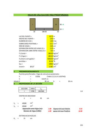 101
I III 90 H
16 S
30 30
LUZ DEL PUENTE = 18.70 m
ANCHO DEL PUENTE = 2.40 m
NUMERO DE VIAS = 1.00 Vias
SOBRECARGA PEATONAL = 0.51 T/m2
NRO DE VIGAS = 2.00 uni
SEPARACION ENTRE EJES VIGAS (S) = 2.10 m
SEPARACION LIBRE ENTRE VIGAS (S') = 1.80 m
f'c (Losa) = 280.00 Kg/cm2
f'c (Vigas) = 280.00 Kg/cm2
Fy (Acero corrugado) = 4200.00 Kg/cm2
perdidas = 85.00 %
fpu = 18900 kg/cm2
strand = Ø1/2" 0.987 cm2
A PREDIMENSIONAMIENTO
Puentes preesforzados- Vigas de estructuras peatonales
h = 0.033L (Tabla 2.5.2.6.3-1 ASSTHO)
h = 0.6171 m
Adoptamos
h = 90 cm b = 30 cm
B PROPIEDADES DE LA SECCIÓN
SECCIÓN AREA ICG
I 2700 1822500 1.8
CENTRO DE GRAVEDAD
ӯ = 45 cm
S1 = 40500 cm3
S2 = 40500 cm3
1.80 Espesor de Losa Calc(m) 0.16
2.00 16.00
DISTANCIAS DE NÚCLEO
K1 = 15 cm
Espesor de Losa Final(cm)
II
180.00
Separación entre Vigas (m)=
Número de Vigas (UND)=
HOJA DE CÁLCULO DE VIGA PRESFORZADA
 