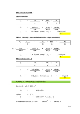 106
Fibra superior (ecuación 4)
Caso I (Carga Total)
fCS = -RPI + RPI e - Mt
A SI SI
fCS = -159729.17 + 5E+06 - 7667000
2700 40500 40500
fCS = -118.32kgcm2 (Comp) < fCS =
Ok
CASO II ( Sobrecarga y semisuma de preesforzado + cargas permanentes)
fCS = MPL+IM - RPI + RPI e - M0
SI 2A 2SI 2SI
fCS = 26.68 - 159729.17 + 5E+06 - 4999000
40500 5400 81000 81000
fCS = -26.22kgcm2 (Comp) < fCS =
Ok
Fibra inferior (ecuacion 3)
ftS = -RPI - RPI e + Mt
A S2 S2
ftS = -159729.1667 - 5E+06 + 7667000
2700 40500 40500
ftS = 0.00kg/cm2 (No tracciones) ftS = 0kg/cm2
Ok
F NÚMERO DE STRANDS REQUERIDO POR VIGA
Con strands ø 1/2" : A= 0.987 cm2
fPU = 18900 kg/cm2
Luego fPI = 0.70fPU
fPI = 13230 kg/cm2
Tabla (5.9.3-1)
La capacidad de 1 strands es ø 1/2": 0.987 cm2
= 13058.01 kg
-168.00Kg/cm2
-112.00kg/cm2
 