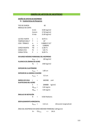 113
DISEÑO DE APOYOS DE NEOPRENO
1).- Carácterísticas de Neopreno
TIPO DE DUREZA 60
MÓDULO DE CORTE
G mín 14.06 kg/cm2
G prom 17.58 kg/cm2
G máx 21.09 kg/cm2
LUZ DEL PUENTE L = 18.70 m
TEMPERATURA C° T = 25°
COEF. TÉRMICO α = 0.0000117 1/C°
αΔ =
CARGA MUERTA PD = 11.98 Tn
CARGA VIVA PL = 5.01 Tn
CARGA TOTAL P = 16.99 Tn
ESFUERZO MÁXIMO PERMISIBLE DEL NEOPRENO
σmáx = 120 kg/cm2
FLUENCIA DE LÁMINA DE ACERO
fy = 2530 kg/cm2
ESPESOR DEL ELASTÓMERO
eelast. = 1.00 cm
ESPESOR DE LA LÁMINA D EACERO
eacero = 0.3 cm
INERCIA DE VIGA I = cm4
ELASTECIDAD DEL ACERO
E = kg/cm2
Winicial = 0.45 kg/cm
Wfinal = 0.45 kg/cm
ÁNGULO DE ROTACIÓN
θ = 0.010 Radianes
DESPLAZAMIENTO HORIZONTAL
Δsismo = 3.14 cm (Dirección longitudinal)
ΔfpES = 2.1 cm Acortamiento por presforzado
ÁREA DEL NEOPRENO ESFUERZO MÁXIMO PERMISIBLE 120 Kg/cm2
A= P/σmáx = > 141.6
DISEÑO DE APOYOS DE NEOPRENO
0.000293
1822500
2040000
 