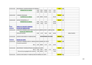 139
02.02.02.02 ENCOFRADO Y DESENCOFRADO DE VEREDAS 9.50 m2
PERIMETRO EN VEREDA 2.00 PER= 20.60 0.12 4.94
2.00 PER= 19.00 0.12 4.56
02.02.02.03 CURADO CON AGUA 44.24 m2
SUPERFICIE DE VEREDA 1.00 AREA= 44.24 44.24
02.02.02.04 JUNTAS TECNOPOR e=1" 38.10 ml
PERIMETRO EN VEREDA 3.00 long 6.30 18.90
6.00 long 3.20 19.20
02.03 OBRAS DE CONCRETO ARMADO
02.03.01 PLATEA DE CIMENTACIÓN
02.03.01.01 CONCRETO PREMEZCLADO PARA PLATEA DE CIMENTACIÓN F'C=280 KG/CM2 28.94 m3
PLATEA DE CIMENTACIÓN
TOTAL DE PLATEA 2.00 6.70 3.60 0.60 28.94 AREA PLANTA
02.03.02.02 ACERO DE REFUERZO FY=4200 KG/CM2 EN PLATEA DE CIMENTACIÓN 1480.48 kg
02.03.02 MUROS DE CORTE
02.03.02.01 CONCRETO PREMEZCLADO FC=280 KG/CM2 EN MUROS DE CORTE 10.03 m3
En puente peatonal
MC-1 2.00 AREA= 0.74 6.75 10.03
02.03.02.02 ENCOFRADO Y DESENCOFRADO EN MUROS DE CORTE 61.69 m2
MC-1 2.00 PER= 4.90 6.75 66.15
Descuento por garganta de escalera -2.00 AREA= 2.23 -4.46
02.03.02.03 ACERO DE REFUERZO FY=4200 KG/CM2 EN MUROS DE CORTE 1187.45 kg
VER METRADO DE ACERO
 