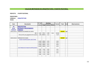 153
FORMULA : ARQUITECTURA
FECHA :
Largo Ancho Altura
03 ARQUITECTURA
03.01 REVOQUES Y REVESTIMIENTO
03.01.01 TARRAJEO
03.01.01.01 TARRAJEO DE MURO DE CORTE 50.74 m2
MC-1 2.00 PER= 4.90 5.61 54.98
Descuento por garganta de escalera -2.00 AREA= 2.12 -4.24
03.01.01.02 TARRAJEO DE VIGAS 22.14 m2
VIGAS ACARTELADAS (SECCION)
16.00 AREA 0.33 5.28
16.00 AREA 0.27 4.34
16.00 AREA 0.27 4.34
16.00 AREA 0.27 4.34
EN FONDO DE VIGAS ACARTELADAS
2.00 2.02 0.35 1.41
2.00 1.73 0.35 1.21
2.00 1.73 0.35 1.21
2.00 1.73 0.35
HOJA DE METRADOS DE ARQUITECTURA - PUENTE PEATONAL
Medidas
Und
Descripción Parcial Total
Item Observaciones
N° de
veces
PROYECTO : PUENTE PEATONAL
PROPIETARIO :
 