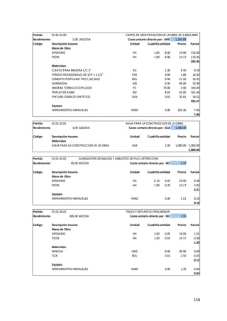 158
Partida 01.01.01.05 CARTEL DE IDENTIFICACION DE LA OBRA DE 3.60X2.40M
Rendimiento 1.00 UND/DIA Costo unitario directo por : UND 1,264.89
Código Descripción Insumo Unidad Cuadrilla
Cantidad Precio Parcial
Mano de Obra
OPERARIO HH 1.00 8.00 19.00 152.00
PEON HH 1.00 8.00 14.17 113.36
265.36
Materiales
CLAVOS PARA MADERA C/C 3" KG 1.00 4.50 4.50
PERNOS HEXAGONALES DE 3/4" x 3 1/2" PZA 9.00 1.80 16.20
CEMENTO PORTLAND TIPO I (42.5KG) BOL 0.90 21.50 19.35
HORMIGON M3 0.36 90.00 32.40
MADERA TORNILLO CEPILLADA P2 70.00 4.90 343.00
TRIPLAY DE 8 MM M2 8.64 65.00 561.60
PINTURA ESMALTE SINTETICO GLN 0.43 33.61 14.52
991.57
Equipos
HERRAMIENTAS MANUALES %MO 3.00 265.36 7.96
7.96
Partida 01.01.02.01 AGUA PARA LA CONSTRUCCION DE LA OBRA
Rendimiento 1.00 GLB/DIA Costo unitario directo por : GLB 1,000.00
Código Descripción Insumo Unidad Cuadrilla
Cantidad Precio Parcial
Materiales
AGUA PARA LA CONSTRUCCION DE LA OBRA GLB 1.00 1,000.00 1,000.00
1,000.00
Partida 01.01.03.01 ELIMINACION DE MALEZA Y ARBUSTOS DE FACIL EXTRACCION
Rendimiento 40.00 M2/DIA Costo unitario directo por : M2 3.37
Código Descripción Insumo Unidad Cuadrilla
Cantidad Precio Parcial
Mano de Obra
OPERARIO HH 0.10 0.02 19.00 0.38
PEON HH 1.00 0.20 14.17 2.83
3.21
Equipos
HERRAMIENTAS MANUALES %MO 5.00 3.21 0.16
0.16
Partida 01.01.04.01 TRAZO Y REPLANTEO PRELIMINAR
Rendimiento 300.00 M2/DIA Costo unitario directo por : M2 1.55
Código Descripción Insumo Unidad Cuadrilla
Cantidad Precio Parcial
Mano de Obra
OPERARIO HH 2.00 0.05 19.00 1.01
PEON HH 1.00 0.03 14.17 0.38
1.39
Materiales
WINCHA UND 0.00 30.00 0.09
TIZA BOL 0.01 2.50 0.03
0.12
Equipos
HERRAMIENTAS MANUALES %MO 3.00 1.39 0.04
0.04
 