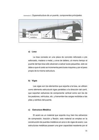 31
Ilustración 5: Superestructura de un puente, componentes principales.
a) Losa
La losa consiste en una placa de concreto reforzado o pre
esforzado, madera o metal, y sirve de tablero; al mismo tiempo el
puente del tipo losa sólo alcanzan a salvar luces pequeñas, esto se
debe a que el costo se incrementa para luces mayores y por el peso
propio de la misma estructura.
b) Vigas
Las vigas son los elementos que soporta a la losa, se utilizan
como elemento estructural vigas paralelas a la dirección del carril,
que soportan esfuerzos de componente vertical como son los de
los peatones, vehículos, etc. y transmiten las cargas recibidas a las
pilas y estribos del puente.
c) Estructura Metálica
El acero es un material que soporta muy bien los esfuerzos
de compresión, tracción y flexión; este material se emplea en la
construcción de puentes metálicos en arco o de vigas de acero. Las
estructuras metálicas poseen una gran capacidad resistente por el
Viga
Tablero,
Estructura
metálica
 