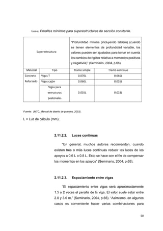 50
Tabla 6: Peraltes mínimos para superestructuras de sección constante.
Fuente: (MTC, Manual de diseño de puentes, 2003).
L = Luz de cálculo (mm).
2.11.2.2. Luces continuas
“En general, muchos autores recomiendan, cuando
existen tres o más luces continuas reducir las luces de los
apoyos a 0.6 L o 0.8 L. Esto se hace con el fin de compensar
los momentos en los apoyos” (Seminario, 2004, p.65).
2.11.2.3. Espaciamiento entre vigas
“El espaciamiento entre vigas será aproximadamente
1.5 o 2 veces el peralte de la viga. El valor suele estar entre
2.0 y 3.0 m.” (Seminario, 2004, p.65). “Asimismo, en algunos
casos es conveniente hacer varias combinaciones para
Superestructura
“Profundidad mínima (incluyendo tablero) (cuando
se tienen elementos de profundidad variable, los
valores pueden ser ajustados para tomar en cuenta
los cambios de rigidez relativa a momentos positivos
y negativos)” (Seminario, 2004, p.66).
Material Tipo Tramo simple Tramo continuo
Concreto
Reforzado
Vigas T 0.070L 0.065L
Vigas cajón 0.060L 0.055L
Vigas para
estructuras
peatonales
0.035L 0.033L
 
