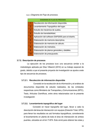 66
Tabla 9: Diagrama de Flujo de procesos.
DIAGRAMA DE FLUJO DE PROCESOS
1 Recolección de información disponible.
2 Levantamiento Topográfico del lugar.
3 Estudio de mecánica de suelos.
4 Estudio de transitabilidad.
5 Aplicación del software SAP2000 para el diseño.
6 Elaboración de memoria descriptiva.
7 Elaboración de memoria de cálculo.
8 Elaboración de metrados.
9 Elaboración de planos generales y detalles.
10 Elaboración de presupuesto.
3.7.2. Descripción de procesos
La ejecución de los procesos tuvo una secuencia similar a la
metodología aplicada por Diaz Villasmil (2010) en su trabajo especial de
grado, debido a que el presente proyecto de investigación se ajusta a este
tipo de secuencia de procesos.
3.7.2.1. Recolección de información disponible
“Consistió en la recolección de la información y el análisis de
documentos disponible de estudio realizados, de las entidades
respectivas como Ministerio de Transportes y Comunicaciones (MTC),
Tesis, Artículos Científicos, entre otros relacionados con la presente
investigación”
3.7.2.2. Levantamiento topográfico del lugar
Consistió en hacer topografía del lugar, llevar a cabo la
descripción del área de intersección con equipos (Estación Total, GPS);
para llenar los resultados se usó formatos topográficos, considerando
el levantamiento en planta de toda el área de intersección de ambos
puentes, ubicados en el km 7+874. Esto sirvió para obtener las cotas y
 