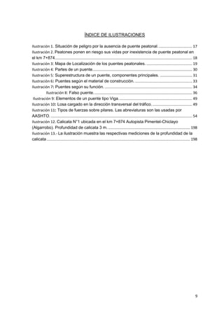 9
ÍNDICE DE ILUSTRACIONES
Ilustración 1. Situación de peligro por la ausencia de puente peatonal................................. 17
Ilustración 2. Peatones ponen en riesgo sus vidas por inexistencia de puente peatonal en
el km 7+874.................................................................................................................................... 18
Ilustración 3: Mapa de Localización de los puentes peatonales. ............................................ 19
Ilustración 4: Partes de un puente................................................................................................ 30
Ilustración 5: Superestructura de un puente, componentes principales. ............................... 31
Ilustración 6: Puentes según el material de construcción. ....................................................... 33
Ilustración 7: Puentes según su función. .................................................................................... 34
Ilustración 8: Falso puente............................................................................................... 36
Ilustración 9: Elementos de un puente tipo Viga....................................................................... 49
Ilustración 10: Losa cargado en la dirección transversal del tráfico. ...................................... 49
Ilustración 11: Tipos de fuerzas sobre pilares. Las abreviaturas son las usadas por
AASHTO. ........................................................................................................................................ 54
Ilustración 12. Calicata N°1 ubicada en el km 7+874 Autopista Pimentel-Chiclayo
(Algarrobo). Profundidad de calicata 3 m................................................................................ 198
Ilustración 13.- La ilustración muestra las respectivas mediciones de la profundidad de la
calicata .......................................................................................................................................... 198
 