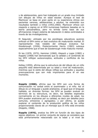 y de adolescentes, pero han trabajado en un grado muy limitado
con dibujos de niños en edad escolar. Aunque el test de
Machover se basa en gran parte en su experiencia clínica con
pacientes varones, adolescentes y adultos, ha extendido sus
resultados también a niños (1953,1960). Machover ofrece con
respecto a signos en el DFH numerosas hipótesis basadas en la
teoría psicoanalítica, pero no brinda como base de sus
afirmaciones ningún sistema de tabulación ni datos controlados a
través de las investigaciones.

El Segundo: utilizado por los psicólogos educativos quienes
enfocan el DFH como un test evolutivo de maduración mental. El
representante más notable del enfoque evolutivo fue
Goodenough (1926). Posteriormente Harris (1963) subraya
especialmente que el test de Goodenough mide madurez mental.

Di leo (1970, 1973), Hammer (1960), Klepsch y Logie (1982) y
Koppitz (1968) han demostrado que la calidad y el contenido de
los DFH reflejan autoconceptos, actitudes y conflictos de los
niños.

Kellog (1959), afirma que la estructura de del dibujo de un niño
pequeño está determinada por su edad y nivel de maduración,
mientras que le estilo del dibujo refleja sus actitudes y aquellas
preocupaciones que son más importantes para él en ese
momento.



Koppitz (1968), afirma que los DFH son una forma de
comunicación no verbal entre el examinador y el niño. Así el
dibujo es un lenguaje y puede analizarse, al igual que el lenguaje
hablado, en diversas formas: los DFH se pueden evaluar en
términos de su estructura, es decir, los detalles esperados
normalmente en los dibujos a diferentes niveles de edad; los
DFH pueden analizarse por su calidad, es decir por detalles poco
comunes, omisiones o agregados; y por último, se puede
explorar el contenido de la producción gráfica de los niños
proporcionando claves de un mensaje que el niño está enviando
(Koppitz, 1968).

Koppitz (1976), analiza los DFH en función de dos tipos de
signos objetivos. Un primer conjunto de signos se considera que
está primariamente relacionado con la edad y el nivel de




                                                                24
 