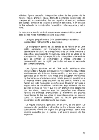 válidos: figura pequeña; integración pobre de las partes de la
figura; figura grande; figura desnuda genitales; sombreado de
cuerpos y/o extremidades; brazos pegados al cuerpo; omisión
del cuerpo; omisión de los pies y omisión del cuello. Y en el caso
de los indicadores emocionales no válidos: cabeza grande y sol o
luna.

La interpretación de los indicadores emocionales válidos en el
caso de los niños maltratados es la siguiente:

      La figura pequeña en el DFH parece reflejar extrema
    inseguridad, retraimiento y depresión.

      La integración pobre de las partes de la figura en el DFH
    están asociadas con inmadurez, impulsividad y mal
    desempeño escolar; la transparencia de un área limitada y
    específica, con bastante frecuencia, esta área se ubica en la
    zona genital. Este tipo específico de transparencia se estima
    que es similar al sombreado e indica ansiedad y
    preocupación por la región particular del cuerpo revelada
    por la transparencia.

      Las figuras grandes en el DFH están asociadas con
    impulsividad y futuros delincuentes y/o cleptómanos, refleja
    sentimientos de intensa inadecuación, y un muy pobre
    concepto de sí mismo. Los niños que dibujaron monstruos
    no humanos o artefactos como robots parecen percibirse a
    sí mismos como seres distintos de los demás, como si no
    fueran del todo humanos; los niños que dibujaron payasos o
    vagabundos se consideran individuos algo ridículos de los
    que los demás se ríen y que no son plenamente aceptados
    por los otros; mientras que los pequeños que dibujan
    figuras de tiempos prehistóricos o miembros de grupos
    minoritarios de los que ellos no son integrantes, se sienten
    como si fueran extraños que no están plenamente
    integrados en la sociedad en la que viven.

      La Figura desnuda, genitales en el DFH, es de decir, La
    presencia de genitales o símbolos de los mismos debe ser
    considerado como un signo de psicopatología seria que
    implica angustia por el cuerpo y el pobre control de los
    impulsos.




                                                                 51
 