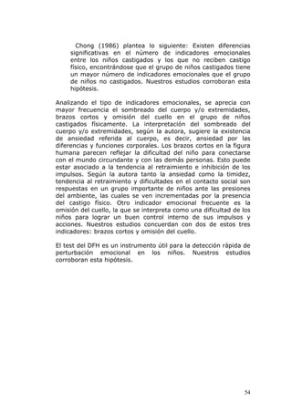 Chong (1986) plantea lo siguiente: Existen diferencias
     significativas en el número de indicadores emocionales
     entre los niños castigados y los que no reciben castigo
     físico, encontrándose que el grupo de niños castigados tiene
     un mayor número de indicadores emocionales que el grupo
     de niños no castigados. Nuestros estudios corroboran esta
     hipótesis.

Analizando el tipo de indicadores emocionales, se aprecia con
mayor frecuencia el sombreado del cuerpo y/o extremidades,
brazos cortos y omisión del cuello en el grupo de niños
castigados físicamente. La interpretación del sombreado del
cuerpo y/o extremidades, según la autora, sugiere la existencia
de ansiedad referida al cuerpo, es decir, ansiedad por las
diferencias y funciones corporales. Los brazos cortos en la figura
humana parecen reflejar la dificultad del niño para conectarse
con el mundo circundante y con las demás personas. Esto puede
estar asociado a la tendencia al retraimiento e inhibición de los
impulsos. Según la autora tanto la ansiedad como la timidez,
tendencia al retraimiento y dificultades en el contacto social son
respuestas en un grupo importante de niños ante las presiones
del ambiente, las cuales se ven incrementadas por la presencia
del castigo físico. Otro indicador emocional frecuente es la
omisión del cuello, la que se interpreta como una dificultad de los
niños para lograr un buen control interno de sus impulsos y
acciones. Nuestros estudios concuerdan con dos de estos tres
indicadores: brazos cortos y omisión del cuello.

El test del DFH es un instrumento útil para la detección rápida de
perturbación emocional en los niños. Nuestros estudios
corroboran esta hipótesis.




                                                                54
 