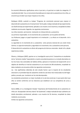 14
Se encontró diferencias significativas entre el pre-test y el post-test en todas las categorías. El
resultando del taller fue un instrumento favorable para la mejora de la autoestima en los niños, se
encontró que el taller tuvo mayor impacto en los niños.
Rodríguez (2010), sustentó su trabajo “Programa de crecimiento personal para mejorar el
desarrollo de la autoestima en el nivel primario” de Ecuador, trabajo realizado de tipo experimental,
con diseño de tipo pre experimental, aplicado a una muestra de 25 alumnos y recopilado los datos
mediante una encuesta llegando a las siguientes conclusiones:
Los niños necesitan permanente motivación en el desarrollo de su autoestima
Los primeros responsables en el crecimiento de su autoestima son los padres de familia
Los Profesores juegan un papel importante en la motivación y su efecto en el desarrollo de la
autoestima
La seguridad en el crecimiento de su autoestima como persona vivencial de una visión Cristo
Céntrico es signo de motivación y seguridad en el crecimiento de su autoestima como persona.
El desarrollo de la autoestima es efecto del programa de técnicas vivenciales desde la fe y desde
experiencias vividas.
Álvarez, y Velásquez (2007), aportan en su investigación acerca de la “autoestima en estudiantes
de los “primeros medios” (equivalente a nuestra secundaria) quienes en un estudio descriptivo en
los tres liceos más vulnerables de Valdivia (Chile), aplicaron el inventario de Coopersmith con el
objetivo de identificar el nivel de autoestima en una muestra de 296 estudiantes, recopilado los
datos mediante una encuesta arribó a las siguientes conclusiones:
Las más significativas obtenidas de este estudio fueron: que la mayoría de los estudiantes
alcanzaron un promedio bajo de autoestima siendo las sub-áreas más involucradas las del hogar-
padres y escuela, que resultaron ser los más desmejorados.
Los estudiantes presentaron un mejor resultado en la sub-área social-par, lo que quiere decir que
ellos se sienten conformes con las relaciones que establecen con sus compañeros de curso y
profesores.
Garzo (2006), en su investigación titulada “importancia del fortalecimiento de la autoestima en
niños con discapacidad del área urbana" de Guatemala“, trabajo realizado de tipo cualitativo con
diseño descriptivo correlacional, aplicada a una muestra de 50 alumnos, recopilado los datos
mediante una encuesta.
Arribó a las siguientes conclusiones:
 