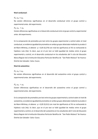 64
Nivel conductual:
𝐻 𝑜: 𝜇 𝐴 ≈ 𝜇 𝐷
No existen diferencias significativas en el desarrollo conductual entre el grupo control y
experimental antes del experimento.
𝐻 𝑎: 𝜇 𝐴 ≠ 𝜇 𝐷
Existen diferencias significativas en el desarrollo conductual entre el grupo control y experimental
antes del experimento.
En la comparación de promedios pre test entre los grupos experimental y control sobre el nivel
conductual, se evidencio igualdad de promedios en ambos grupos detectada mediante la prueba U
de Mann-Whitney, al obtener p > 0,05 (0,274) con nivel de significancia al 5% no rechazando la
hipótesis nula (Ho). Es decir, que en el pre test se halló igualdad de medias entre el grupo
experimental y control, en el desarrollo conductual en los estudiantes del V ciclo de Educación
Básica Regular de la Institución Educativa Particular Benéfica de “San Pedro Nolasco” de Huanca-
Distrito San Salvador- Calca- Cusco.
Nivel de autoestima:
𝐻 𝑜: 𝜇 𝐴 ≈ 𝜇 𝐷
No existen diferencias significativas en el desarrollo del autoestima entre el grupo control y
experimental antes del experimento.
𝐻 𝑎: 𝜇 𝐴 ≠ 𝜇 𝐷
Existen diferencias significativas en el desarrollo del autoestima entre el grupo control y
experimental antes del experimento.
En la comparación de promedios pre test entre los grupos experimental y control sobre el nivel de
autoestima, se evidencio igualdad de promedios en ambos grupos detectada mediante la prueba U
de Mann-Whitney, al obtener p > 0,05 (0,311) con nivel de significancia al 5% no rechazando la
hipótesis nula (Ho). Es decir, que en el pre test se halló igualdad de medias entre el grupo
experimental y control, en el desarrollo del autoestima en los estudiantes del V ciclo de Educación
Básica Regular de la Institución Educativa Particular Benéfica de “San Pedro Nolasco” de Huanca-
Distrito San Salvador- Calca- Cusco.
 