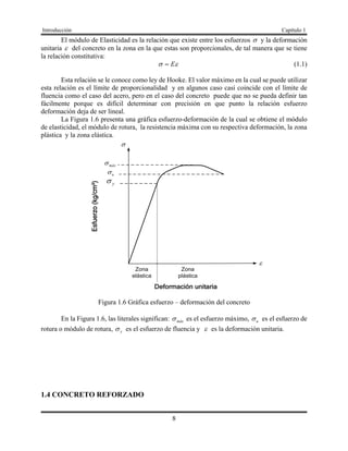 Introducción Capítulo 1
8
El módulo de Elasticidad es la relación que existe entre los esfuerzos  y la deformación
unitaria  del concreto en la zona en la que estas son proporcionales, de tal manera que se tiene
la relación constitutiva:
 E (1.1)
Esta relación se le conoce como ley de Hooke. El valor máximo en la cual se puede utilizar
esta relación es el límite de proporcionalidad y en algunos caso casi coincide con el límite de
fluencia como el caso del acero, pero en el caso del concreto puede que no se pueda definir tan
fácilmente porque es difícil determinar con precisión en que punto la relación esfuerzo
deformación deja de ser lineal.
La Figura 1.6 presenta una gráfica esfuerzo-deformación de la cual se obtiene el módulo
de elasticidad, el módulo de rotura, la resistencia máxima con su respectiva deformación, la zona
plástica y la zona elástica.
máx
y
u


Figura 1.6 Gráfica esfuerzo – deformación del concreto
En la Figura 1.6, las literales significan: máx es el esfuerzo máximo, u es el esfuerzo de
rotura o módulo de rotura, y es el esfuerzo de fluencia y  es la deformación unitaria.
1.4 CONCRETO REFORZADO
 