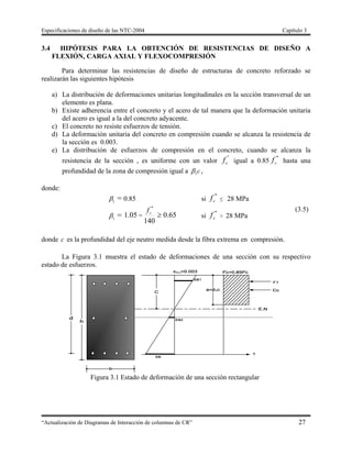 Especificaciones de diseño de las NTC-2004 Capítulo 3
“Actualización de Diagramas de Interacción de columnas de CR” 27
3.4 HIPÓTESIS PARA LA OBTENCIÓN DE RESISTENCIAS DE DISEÑO A
FLEXIÓN, CARGA AXIAL Y FLEXOCOMPRESIÓN
Para determinar las resistencias de diseño de estructuras de concreto reforzado se
realizarán las siguientes hipótesis
a) La distribución de deformaciones unitarias longitudinales en la sección transversal de un
elemento es plana.
b) Existe adherencia entre el concreto y el acero de tal manera que la deformación unitaria
del acero es igual a la del concreto adyacente.
c) El concreto no resiste esfuerzos de tensión.
d) La deformación unitaria del concreto en compresión cuando se alcanza la resistencia de
la sección es 0.003.
e) La distribución de esfuerzos de compresión en el concreto, cuando se alcanza la
resistencia de la sección , es uniforme con un valor
"
cf igual a 0.85
*
cf hasta una
profundidad de la zona de compresión igual a c1 ,
donde:
1
 = 0.85 si
*
cf ≤ 28 MPa
1
 = 65.0
140
05.1
*
 cf
si
*
cf > 28 MPa
(3.5)
donde c es la profundidad del eje neutro medida desde la fibra extrema en compresión.
La Figura 3.1 muestra el estado de deformaciones de una sección con su respectivo
estado de esfuerzos.
Figura 3.1 Estado de deformación de una sección rectangular
 