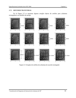 Especificaciones de diseño de las NTC-2004 Capítulo 3
“Actualización de Diagramas de Interacción de columnas de CR” 30
3.7.3 REFUERZO TRANSVERSAL
En la Figura 3.2 se muestran algunos arreglos típicos de estribos para columnas
rectangulares con detalles de anclaje.
Figura 3.2 Arreglos de estribos de columnas de sección rectangular
 