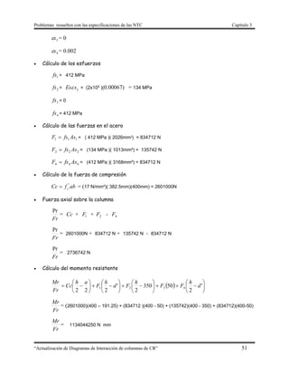 Problemas resueltos con las especificaciones de las NTC Capítulo 3
“Actualización de Diagramas de Interacción de columnas de CR” 51
3s = 0
4s = 0.002
 Cálculo de los esfuerzos
1fs = 412 MPa
2fs = 2
Es s = (2x105
)(0.00067) = 134 MPa
3fs = 0
4fs = 412 MPa
 Cálculo de las fuerzas en el acero
111 AsfsF  = ( 412 MPa )( 2026mm²) = 834712 N
222 AsfsF  = (134 MPa )( 1013mm²) = 135742 N
444 AsfsF  = (412 MPa )( 3168mm²) = 834712 N
 Cálculo de la fuerza de compresión
abfCc c
"
 = (17 N/mm²)( 382.5mm)(400mm) = 2601000N
 Fuerza axial sobre la columna
Fr
Pr
= Cc + 1F + 2F - 4F
Fr
Pr
= 2601000N + 834712 N + 135742 N - 834712 N
Fr
Pr
= 2736742 N
 Cálculo del momento resistente
  























 '
2
50350
2
'
222
4321 d
h
FF
h
Fd
h
F
ah
Cc
Fr
Mr
Fr
Mr
= (2601000)(400 – 191.25) + (834712 )(400 - 50) + (135742)(400 - 350) + (834712)(400-50)
Fr
Mr
= 1134044250 N mm
 