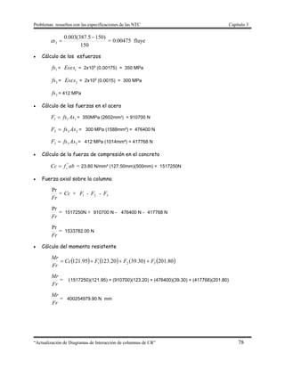 Problemas resueltos con las especificaciones de las NTC Capítulo 3
“Actualización de Diagramas de Interacción de columnas de CR” 78
150
)1505.387(003.0
3

s = 0.00475 fluye
 Cálculo de los esfuerzos
1fs = 1
Es s = 2x105
(0.00175) = 350 MPa
2fs = 2
Es s = 2x105
(0.0015) = 300 MPa
3fs = 412 MPa
 Cálculo de las fuerzas en el acero
111 AsfsF  = 350MPa (2602mm²) = 910700 N
222 AsfsF  = 300 MPa (1588mm²) = 476400 N
333 AsfsF  = 412 MPa (1014mm²) = 417768 N
 Cálculo de la fuerza de compresión en el concreto
abfCc c
"
 = 23.80 N/mm² (127.50mm)(500mm) = 1517250N
 Fuerza axial sobre la columna
Fr
Pr
= Cc + 1F - 2F - 3F
Fr
Pr
= 1517250N + 910700 N - 476400 N - 417768 N
Fr
Pr
= 1533782.00 N
 Cálculo del momento resistente
     80.201)30.39(20.12395.121 321 FFFCc
Fr
Mr

Fr
Mr
= (1517250)(121.95) + (910700)(123.20) + (476400)(39.30) + (417768)(201.80)
Fr
Mr
= 400254979.90 N mm
 