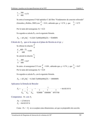 Problemas resueltos con las especificaciones de las NTC Capítulo 3
“Actualización de Diagramas de Interacción de columnas de CR” 82
b
ex
=
400
300
= 0.75
Se entra al nomograma C9 del apéndice C del libro “Fundamentos de concreto reforzado”
(Gonzáles y Robles, 2005) con
b
d
= 0.81, sabiendo que q = 0.74 y que
b
ex
= 0.75
Por lo tanto del nomograma K = 0.22
En seguida se calcula PRX con la siguiente fórmula.
'
cRRX bhfKFP  = 0.22(0.7)(400)(600)(25) = 924000N
Cálculo de RYP que es la carga en el plano de flexión en el eje y
Se obtiene la relación
h
d
h
d
=
600
75600 
= 0.88
Se calcula la relación
h
ey
h
ey
=
600
400
= 0.67
Se entra al nomograma C13 con
h
d
= 0.88 , sabiendo que q = 0.74 y que
h
ey
= 0.67
Por lo tanto del nomograma K = 0.24
En seguida se calcula PRY con la siguiente fórmula.
'
cRRY bhfKFP  = 0.24(0.7)(400)(600)(25) = 1008000N
Aplicamos la fórmula de Bressler
RORYRX
R
PPP
P
111
1

 =
4975740
1
1008000
1
924000
1
1

= 86105.95 N
Comparamos Pu con RP
Pu = 1274910 N
RP = 86105.95 N
Como Pu > RP no se aceptan estas dimensiones, así que se propondrá otra sección.
 