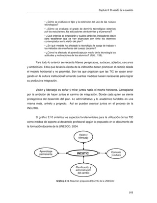 Capítulo II: El estado de la cuestión



               • ¿Cómo se evaluará el tipo y la extensión del uso de las nuevas
               tecnologías?
               • ¿Cómo se evaluará el grado de dominio tecnológico obtenido
               por los estudiantes, los educadores de docentes y el personal?
               • ¿Qué criterios se emplearán y cuáles serán los indicadores clave
               para establecer que se han alcanzado con éxito los objetivos
               contemplados en la visión del plan?
               • ¿En qué medida ha afectado la tecnología la carga de trabajo y
               los métodos de enseñanza del cuerpo docente?
               • ¿Cómo ha afectado el aprendizaje por medio de la tecnología las
               actitudes y motivaciones de los alumnos? (Ibid., 158).

       Para todo lo anterior se necesita líderes perspicaces, audaces, abiertos, cercanos
y ambiciosos. Ellos que llevan la rienda de la institución deben promover el cambio desde
el modelo horizontal y no piramidal. Son los que propician que las TIC se vayan arrai-
gando en la cultura institucional tomando cuantas medidas fuesen necesarias para lograr
su productiva integración.


       Visión y liderazgo es soñar y mirar juntos hacia el mismo horizonte. Contagiarse
por la ambición de hacer juntos el camino de integración. Donde cada quien se siente
protagonista del desarrollo del plan. Lo administrativo y lo académico fundidos en una
misma meta, anhelo y proyecto. Así se puedan avanzar juntos en el proceso de la
INCUTIC.


       El gráfico 2.10 sintetiza los aspectos fundamentales para la utilización de las TIC
como medios de soporte al desarrollo profesoral según lo propuesto en el documento de
la formación docente de la UNESCO, 2004


                                               Visión y
                                              liderazgo




           Aprendizaje                                                        Contexto
           permanente                        INCUTIC
                                                                              y cultura




                                           Planificación y
                                           administración
                                             del cambio


                          Gráfico 2.10. Resumen propuesta INCUTIC de la UNESCO




                                                                                                 193
 