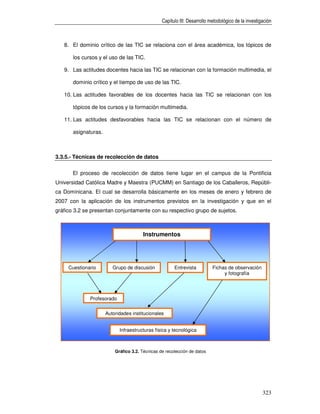 Capítulo III: Desarrollo metodológico de la investigación



   8. El dominio crítico de las TIC se relaciona con el área académica, los tópicos de

       los cursos y el uso de las TIC.

   9. Las actitudes docentes hacia las TIC se relacionan con la formación multimedia, el

       dominio crítico y el tiempo de uso de las TIC.

   10. Las actitudes favorables de los docentes hacia las TIC se relacionan con los

       tópicos de los cursos y la formación multimedia.

   11. Las actitudes desfavorables hacia las TIC se relacionan con el número de

       asignaturas.



3.3.5.- Técnicas de recolección de datos

       El proceso de recolección de datos tiene lugar en el campus de la Pontificia
Universidad Católica Madre y Maestra (PUCMM) en Santiago de los Caballeros, Repúbli-
ca Dominicana. El cual se desarrolla básicamente en los meses de enero y febrero de
2007 con la aplicación de los instrumentos previstos en la investigación y que en el
gráfico 3.2 se presentan conjuntamente con su respectivo grupo de sujetos.



                                       Instrumentos




     Cuestionario        Grupo de discusión            Entrevista          Fichas de observación
                                                                                y fotografía




              Profesorado


                      Autoridades institucionales


                            Infraestructuras física y tecnológica



                          Gráfico 3.2. Técnicas de recolección de datos




                                                                                                     323
 