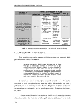 La formación multimedia del profesorado universitario



           OBJETIVOS                          TÉCNICA RECOLECCIÓN DE DATOS
          ESPECÍFICOS                                                Grupos de        Ficha de
                                   Cuestionario    Entrevistas
                                                                      discusión    observación
                                                - Papel de la      - Gestión
                                                academia.          administrati-
                                                - El profesorado. va en la do-
                                                - Normativa so-    tación de
                                                bre la INCUTIC. recursos.
     7.- Analizar la política
                                                - Visión del futu- - Apoyo
 institucional con respecto a
                                                ro.                institucional
 la formación multimedia del
                                     Silencio   - Administración para el              Silencio
  profesorado en el proceso
                                                de recursos tec- cambio.
 de Integración Curricular de
                                                nológicos.         - Interés de
            las TIC.
                                                - Formación del    los gestores
                                                profesorado.       por las TIC.
                                                                   - Financia-
                                                                   miento de
                                                                   equipos.
      8.- Describir el tipo de                  - Infraestructura                   Laboratorios
       infraestructura de la                    física.            Infraestructu-   informática,
      PUCMM al servicio del          Silencio   - Recursos           ras: física y    edificios,
       profesorado para la                      tecnológicos.       tecnológica.       aulas y
             INCUTIC.                                                              recursos TIC.

                Tabla 3.5. Resumen comparativo de los objetivos y las técnicas de recolección de datos



3.3.6.- Validez y fiabilidad de los instrumentos

          En el paradigma cuantitativo la validez del instrumento es vista desde una doble
perspectiva, tanto interna como externa.


                  La validez interna hace referencia a la seguridad que se puede
                  tener que los factores que provocan un fenómeno son los que
                  nosotros pensamos al respecto, y de que dichos factores son los
                  que provocan unos efectos sobre una serie de variables que
                  nosotros también conocemos. La validez externa, hace referencia
                  a la posibilidad que vamos a tener que aquello que se demuestra
                  en nuestra investigación no es específico de nuestra muestra en
                  concreto sino que tiene una validez ante otras muestras que son
                  de la misma población (Clemente, 1992: 56).


         El cuestionario (verlo en el anexo 7) fue construido tomando como referencia los
realizados en otras investigaciones del área que habían sido aplicados por igual a
profesores pero en un contexto y situación diferente. En general se sometió al escrutinio
de especialistas en investigación para su revisión y corrección. Se siguieron los siguien-
tes pasos:


         1.- Definir la variable de estudio que va a ser medida. Como ya se ha presentado
el cuestionario tiene las siguientes variables: perfil docente, participación en la oferta


334
 