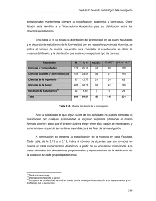 Capítulo III: Desarrollo metodológico de la investigación



seleccionados manteniendo siempre la estratificación académica y contractual. Dicho
listado sería remitido a la Vicerrectoría Académica para su distribución entre los
directores académicos.


         En la tabla 3.14 se detalla la distribución del profesorado en las cuatro facultades
y el decanato de estudiantes de la Universidad con su respectivo porcentaje. Además, se
indica el número de sujetos requeridos para completar el cuestionario, es decir, la
muestra del diseño, y la distribución que existe con respecto al tipo de contrato.

                                                                                            14             15
                Facultades                        N        %N        n (23%)      TC+PE          PA+MT+PJ

 Ciencias y Humanidades                          178      26.13         42           69             109

 Ciencias Sociales y Administrativas             161      23.64         38           21             140

 Ciencias de la Ingeniería                        87      12.77         21           24              63

 Ciencias de la Salud                            223      32.74         52           27             196
                              16
 Decanato de Estudiantes                          32       4.69         7               6            26

 Total                                           681      99.97        160           147            534



                                   Tabla 3.14. Muestra del diseño de la investigación



         Ante la posibilidad de que algún sujeto de los señalados no pudiera contestar el
cuestionario por cualquier eventualidad se eligieron suplentes (utilizando el mismo
formato anterior), para que el director pudiera elegir entre ellos, según se necesitasen, y
así el número requerido se mantiene invariable para los fines de la investigación.


         A continuación se presenta la estratificación de la muestra en cada Facultad.
Cada tabla, de la 3.15 a la 3.19, indica el número de docentes que son tomados en
cuenta en cada Departamento Académico a partir de su vinculación institucional. Los
datos obtenidos son directamente proporcionales y representativos de la distribución de
la población de cada grupo departamental.




14
   Dedicación exclusiva
15
   Dedicación compartida o parcial
16
   Aunque no es una facultad se tomó en cuenta para la investigación en atención a los departamentos y los
profesores que lo conforman.


                                                                                                           349
 