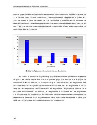 La formación multimedia del profesorado universitario



parte el grupo de dedicación exclusiva se concentra como mayoritario entre los que tiene de
21 a 25 años como docente universitario. Tales datos quedan recogidos en el gráfico 4.3.
Esto se explica a partir del hecho de que ciertamente la mayoría de los docentes de
dedicación exclusiva de la Universidad son los que llevan más tiempo ejerciendo como tal en
ella. Y los que son más nuevos como docentes universitarios suelen tener mayormente un
contrato de dedicación parcial.


      40
                                                                                             Exclusivo    Parcial

      35
                           34.2
      30


      25
 %




      20


      15
                                                                       15

      10                                                                                                 11.7
                                                  10.8

                                                                                       7.5                          6.7
      5                                  6.7


               2.5                                           2.5                 2.5
      0
                     0-5                       6-10                11-15           16-20                    21-25
                                                           Años de docencia




                           Gráfico 4.3. Tipo de contrato y años de docencia. Cuestionario.


           En cuanto al número de asignaturas y grupos de estudiantes que lleva cada docente
el gráfico 4.4, de la página 363, nos dice que del grupo que lleva de 1 a 3 grupos de
estudiantes el 42.5% tiene de 1 a 2 asignaturas y el 10.8% tiene de 3 a 4 asignaturas. Del
grupo que lleva de 4 a 6 grupos de estudiante el 15.8% tiene de 1 a 2 asignaturas, el 13.3%
tiene de 3 a 4 asignaturas y el 5% tiene de 5 a 6 asignaturas. Del grupo que tiene de 7 a 9
grupos de estudiantes el 3.3% tiene de 1 a 2 asignaturas, el 2.5% tiene de 3 a 4 asignaturas
y el 6.7% tiene de 5 a 6 asignaturas. En tales datos destaca sobremanera la presencia de los
docentes que tienen de 1 a 2 asignaturas con hasta 6 grupos de estudiantes. Y nadie que
tiene de 1 a 3 grupos de estudiantes tiene entre 5 a 6 asignaturas.




362
 