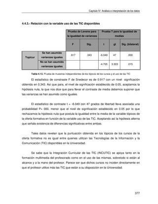 Capítulo IV: Análisis e interpretación de los datos



4.4.3.- Relación con la variable uso de las TIC disponibles

                                         Prueba de Levene para           Prueba T para la igualdad de
                                         la igualdad de varianzas                      medias


                                             F             Sig.            t         gl      Sig. (bilateral)


                 Se han asumido
                                            .917           .343         -6.049       47            .000
  Topicur       varianzas iguales
               No se han asumido
                                                                        -4.705     3.303           .015
                varianzas iguales

       Tabla 4.13. Prueba de muestras independientes de los tópicos de los cursos y el uso de las TIC

       El estadístico de constraste F de Snedecor es de 0.917 con un nivel significación
obtenido en 0.343. Así que para, el nivel de significación establecido de 0.05, aceptamos la
hipótesis nula, la que nos dice que para llevar el contraste de media debemos suponer que
las varianzas se han asumido como iguales.


       El estadístico de contraste t = -6.049 con 47 grados de libertad lleva asociada una
probabilidad P= 000, menor que el nivel de significación establecido en 0.05 por lo que
rechazamos la hipótesis nula que postula la igualdad entre la media de la variable tópicos de
la oferta formativa en función de la variable uso de las TIC. Aceptando así la hipótesis alterna
que señala existencia de diferencias significativas entre ambas.


       Tales datos revelan que la puntuación obtenida en los tópicos de los cursos de la
oferta formativa no es igual entre quienes utilizan las Tecnologías de la Información y la
Comunicación (TIC) disponibles en la Universidad.


       Se sabe que la Integración Curricular de las TIC (INCUTIC) se apoya tanto en la
formación multimedia del profesorado como en el uso de las mismas, sobretodo si están al
alcance y a la mano del profesor. Parece ser que dichos cursos no inciden directamente en
que el profesor utilice más las TIC que están a su disposición en la Universidad.




                                                                                                           377
 
