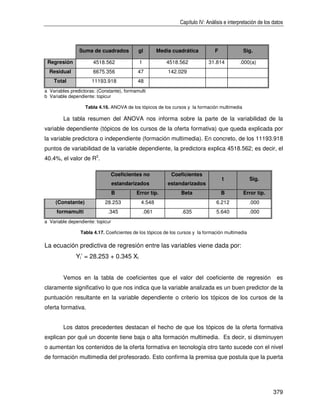 Capítulo IV: Análisis e interpretación de los datos



                Suma de cuadrados           gl         Media cuadrática          F             Sig.

 Regresión             4518.562             1             4518.562            31.814         .000(a)
  Residual             6675.356             47             142.029
    Total             11193.918             48
a Variables predictoras: (Constante), formamulti
b Variable dependiente: topicur

                   Tabla 4.16. ANOVA de los tópicos de los cursos y la formación multimedia

        La tabla resumen del ANOVA nos informa sobre la parte de la variabilidad de la
variable dependiente (tópicos de los cursos de la oferta formativa) que queda explicada por
la variable predictora o independiente (formación multimedia). En concreto, de los 11193.918
puntos de variabilidad de la variable dependiente, la predictora explica 4518.562; es decir, el
40.4%, el valor de R2.

                                  Coeficientes no           Coeficientes
                                                                                     t             Sig.
                                  estandarizados           estandarizados
                                  B        Error típ.           Beta                 B         Error típ.
     (Constante)            28.253           4.548                               6.212             .000
     formamulti               .345              .061             .635            5.640             .000
a Variable dependiente: topicur

                 Tabla 4.17. Coeficientes de los tópicos de los cursos y la formación multimedia

La ecuación predictiva de regresión entre las variables viene dada por:
              Yi’ = 28.253 + 0.345 Xi


        Vemos en la tabla de coeficientes que el valor del coeficiente de regresión                            es
claramente significativo lo que nos indica que la variable analizada es un buen predictor de la
puntuación resultante en la variable dependiente o criterio los tópicos de los cursos de la
oferta formativa.


        Los datos precedentes destacan el hecho de que los tópicos de la oferta formativa
explican por qué un docente tiene baja o alta formación multimedia. Es decir, si disminuyen
o aumentan los contenidos de la oferta formativa en tecnología otro tanto sucede con el nivel
de formación multimedia del profesorado. Esto confirma la premisa que postula que la puerta




                                                                                                              379
 