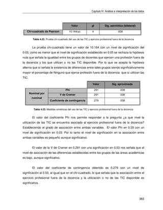 Capítulo IV: Análisis e interpretación de los datos



                                              Valor             gl           Sig. asintótica (bilateral)

   Chi-cuadrado de Pearson                 10.164(a)             4                       .038

         Tabla 4.22. Prueba chi-cuadrado del uso de las TIC y ejercicio profesional fuera de la docencia


         La prueba chi-cuadrado tiene un valor de 10.164 con un nivel de significación del
0.03, como es menor que el nivel de significación establecido en 0.05 se rechaza la hipótesis
nula que señala la igualdad entre los grupos de docentes que ejercen una profesión fuera de
la docencia y los que utilizan o no las TIC disponible. Por lo que se acepta la hipótesis
alterna que sí señala la existencia de diferencias entre tales grupos siendo significativamente
mayor el porcentaje de Ninguno que ejerce profesión fuera de la docencia que sí utilizan las
TIC.

                                                                 Valor              Sig. aproximada

                                        Phi                       .291                     .038
       Nominal por
                                  V de Cramer                     .291                     .038
        nominal
                         Coeficiente de contingencia              .279                     .038


          Tabla 4.23. Medidas simétricas del uso de las TIC y ejercicio profesional fuera de la docencia


         El valor del coeficiente Phi nos permite responder a la pregunta ¿a qué nivel la
utilización de las TIC se encuentra asociado al ejercicio profesional fuera de la docencia?
Estableciendo el grado de asociación entre ambas variables. El valor Phi en 0.29 con un
nivel de significación en 0.03. Por lo tanto el nivel de significación en la asociación entre
ambas variables es pequeño aunque significativo.


         El valor de la V de Cramer en 0.291 con una significación en 0.03 nos señala que el
nivel de asociación de las diferencias establecidas entre los grupos de las áreas académicas
es bajo, aunque significativo.


         El valor del coeficiente de contingencia obtenido es 0.279 con un nivel de
significación al 0.03, al igual que en el chi-cuadrado, lo que señala que la asociación entre el
ejercicio profesional fuera de la docencia y la utilización o no de las TIC disponible es
significativa.




                                                                                                              383
 