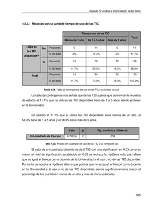 Capítulo IV: Análisis e interpretación de los datos



4.5.3.- Relación con la variable tiempo de uso de las TIC


                                                    Tiempo uso de las TIC
                                                                                                     Total
                                    Menos de 1 año        De 1 a 5 años       Más de 5 años

   ¿Uso de            Recuento               0                   14                    0               14
               No
    las TIC
                     % del total           .0%                 11.7%                 .0%             11.7%
 disponible?

                Sí    Recuento              14                   70                    22             106

                     % del total          11.7%                58.3%               18.3%             88.3%

       Total          Recuento              14                   84                    22             120

                     % del total          11.7%                70.0%               18.3%            100.0%


                 Tabla 4.24. Tabla de contingencia del uso de las TIC y su tiempo de uso

       La tabla de contingencia nos señala que de los 120 sujetos que conforman la muestra
de estudio el 11.7% que no utilizan las TIC disponibles tiene de 1 a 5 años siendo profesor
en la Universidad.


       En cambio el 11.7% que sí utiliza las TIC disponibles tiene menos de un año, el
58.3% tiene de 1 a 5 años y el 18.3% tiene más de 5 años.


                                        Valor       gl             Sig. asintótica (bilateral)

     Chi-cuadrado de Pearson           6.792(a)      2                          .033

                 Tabla 4.25. Prueba chi-cuadrado del uso de las TIC y su tiempo de uso

       El valor de chi-cuadrado obtenido es de 6.792 con una significación en 0.03 como es
menor al nivel de significación establecido en 0.05 se rechaza la hipótesis nula que refiere
que es igual el tiempo como docente de la Universidad y el uso o no de las TIC disponible.
Por tanto, se acepta la hipótesis alterna que postula que no es igual el tiempo como docente
en la Universidad y el uso o no de las TIC disponibles siendo significativamente mayor el
porcentaje de los que tienen menos de un año y más de cinco usándolas.




                                                                                                            385
 