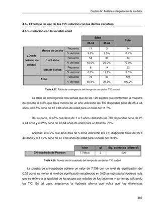 Capítulo IV: Análisis e interpretación de los datos



4.6.- El tiempo de uso de las TIC: relación con las demás variables

4.6.1.- Relación con la variable edad

                                                                  Edad
                                                                                               Total
                                                         25-44             45-64

                                     Recuento               11               3                     14
               Menos de un año
                                     % del total         9.2%              2.5%                11.7%
   ¿Desde
                                     Recuento               54              30                     84
 cuándo los       1 a 5 años
                                     % del total        45.0%              25.0%               70.0%
   utiliza?
                                     Recuento                 8             14                     22
                Más de 5 años
                                     % del total         6.7%              11.7%               18.3%
                                     Recuento               73              47                  120
              Total
                                     % del total        60.8%              39.2%              100.0%

                 Tabla 4.27. Tabla de contingencia del tiempo de uso de las TIC y edad


       La tabla de contingencia nos señala que de los 120 sujetos que conforman la muestra
de estudio el 9.2% que lleva menos de un año utilizando las TIC disponible tiene de 25 a 44
años, el 2.5% tiene de 45 a 64 años de edad para un total del 11.7%.


       De su parte, el 45% que lleva de 1 a 5 años utilizando las TIC disponible tiene de 25
a 44 años y el 25% tiene de 45-64 años de edad para un total del 70%.


       Además, el 6.7% que lleva más de 5 años utilizando las TIC disponible tiene de 25 a
44 años y el 11.7% tiene de 45 a 64 años de edad para un total del 18.3%.


                                                    Valor             gl         Sig. asintótica (bilateral)
        Chi-cuadrado de Pearson                    7.798(a)            2                    .020

                Tabla 4.28. Prueba de chi-cuadrado del tiempo de uso de las TIC y edad


   La prueba de chi-cuadrado obtiene un valor de 7.798 con un nivel de significación del
0.02 como es menor al nivel de significación establecido en 0.05 se rechaza la hipótesis nula
que se refiere a la igualdad de los grupos por edades de los docentes y su tiempo utilizando
las TIC. En tal caso, aceptamos la hipótesis alterna que indica que hay diferencias



                                                                                                            387
 
