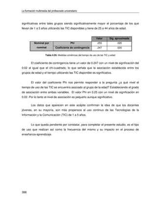 La formación multimedia del profesorado universitario



significativas entre tales grupos siendo significativamente mayor el porcentaje de los que
llevan de 1 a 5 años utilizando las TIC disponibles y tiene de 25 a 44 años de edad.


                                                                     Valor        Sig. aproximada
           Nominal por                        Phi                     .255                 .020
              nominal           Coeficiente de contingencia           .247                 .020

                      Tabla 4.29. Medidas simétricas del tiempo de uso de las TIC y edad


        El coeficiente de contingencia tiene un valor de 0.247 con un nivel de significación del
0.02 al igual que el chi-cuadrado, lo que señala que la asociación establecida entre los
grupos de edad y el tiempo utilizando las TIC disponible es significativa.


        El valor del coeficiente Phi nos permite responder a la pregunta ¿a qué nivel el
tiempo de uso de las TIC se encuentra asociado al grupo de la edad? Estableciendo el grado
de asociación entre ambas variables. El valor Phi en 0.25 con un nivel de significación en
0.02. Por lo tanto el nivel de asociación es pequeño aunque significativo.

        Los datos que aparecen en este acápite confirman la idea de que los docentes
jóvenes, en su mayoría, son más propensos al uso continuo de las Tecnologías de la
Información y la Comunicación (TIC) de 1 a 5 años.


        Lo que queda pendiente por constatar, para completar el presente estudio, es el tipo
de uso que realizan así como la frecuencia del mismo y su impacto en el proceso de
enseñanza-aprendizaje.




388
 