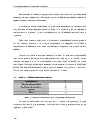 La formación multimedia del profesorado universitario



        Precisamente, la tabla de comparaciones múltiples nos indica, con los valores de la
diferencia de media significativa, entre cuales grupos de ejercicio profesional fuera de la
docencia existen diferencias significativas.


        A partir de los asteriscos señalados por el SPSS se observa que las mismas se dan
entre los que no tienen ejercicio profesional fuera de la docencia y los de Sociales y
Administrativas e Ingeniería. Los de Humanidades con los de Sociales y Administrativas e
Ingeniería.

        Tales datos revelan que la formación multimedia es diferente entre quienes ejercen o
no una profesión adicional a la docencia universitaria. Los docentes de Sociales y
Administrativas e Ingeniería dicen tener más formación multimedia que el resto de sus
colegas.


        Tal dato se explica a partir del hecho de que ellos, por ese ejercicio profesional
adicional, se ven más expuestos al trato cotidiano y continuo con las TIC lo que sin duda les
favorece y les exige, a la vez, un mayor nivel de conocimiento que a los demás. Esto quiere
decir que las diferencias señaladas no se deben tanto a la oferta formativa de la Universidad
cuanto más a la realidad de pluriempleo y varias profesiones que realiza el profesorado.
Porque si no fuese así entonces no se daría la diferencia encontrada.



4.7.3.- Relación con la variable área académica

                  Área académica                                              N
              Ciencias y Humanidades                                          41
            Sociales y Administrativas                                        28
                      Ingeniería                                              17
                        Salud                                                 34

                Tabla 4.43. Factores inter-sujetos de formación multimedia y el área académica


        La tabla de inter-sujetos nos dice que hay 41 sujetos que pertenecen al área
académica de Ciencias y Humanidades, 28 los son de Sociales y Administrativas, 17 de
Ingeniería y 34 de Salud.




398
 