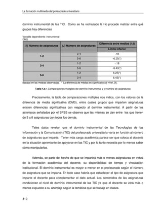 La formación multimedia del profesorado universitario



dominio instrumental de las TIC. Como se ha rechazado la Ho procede matizar entre qué
grupos hay diferencias

Variable dependiente: instrumental
DMS
                                                                        Diferencia entre medias (I-J)
  (I) Número de asignaturas          (J) Número de asignaturas
                                                                                Límite inferior
                                                   3-4                                 .18
                1-2
                                                   5-6                              -6.25(*)
                                                   1-2                                -.18
                3-4
                                                   5-6                              -6.43(*)
                                                   1-2                               6.25(*)
                5-6
                                                   3-4                               6.43(*)
Basado en las medias observadas. * La diferencia de medias es significativa al nivel .05.

           Tabla 4.57. Comparaciones múltiples del dominio instrumental y el número de asignaturas


        Precisamente, la tabla de comparaciones múltiples nos indica, con los valores de la
diferencia de media significativa (DMS), entre cuales grupos que imparten asignaturas
existen diferencias significativas con respecto al dominio instrumental. A partir de los
asteriscos señalados por el SPSS se observa que las mismas se dan entre los que tienen
de 5 a 6 asignaturas con todos los demás.


        Tales datos revelan que el dominio instrumental de las Tecnologías de las
Información y la Comunicación (TIC) del profesorado universitario varía en función al número
de asignaturas que imparte. Tener más carga académica parece ser que coloca al docente
en la situación apremiante de apoyarse en las TIC y por lo tanto necesita por lo menos saber
cómo manipularlas.


        Además, se parte del hecho de que se impartirá más o menos asignaturas en virtud
de la formación académica del docente, su disponibilidad de tiempo y vinculación
institucional. El dominio instrumental es mayor o menor en el profesorado según el número
de asignatura que se imparta. En todo caso habría que establecer el tipo de asignatura que
imparte el docente para complementar el dato actual. Los contenidos de las asignaturas
condicionan el nivel de dominio instrumental de las TIC ya que el docente se verá más o
menos expuesto a su abordaje según la temática que se trabaje en clases.


410
 